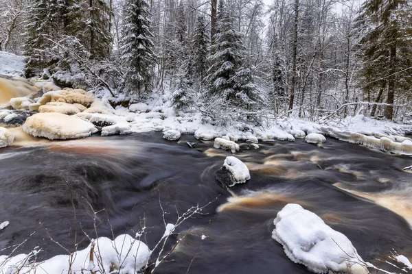 Vinterlandskap Med Skogsflod Vattenfall Prokinkoski Floden Khikhniyoki Republiken Karelen Ryssland — Stockfoto