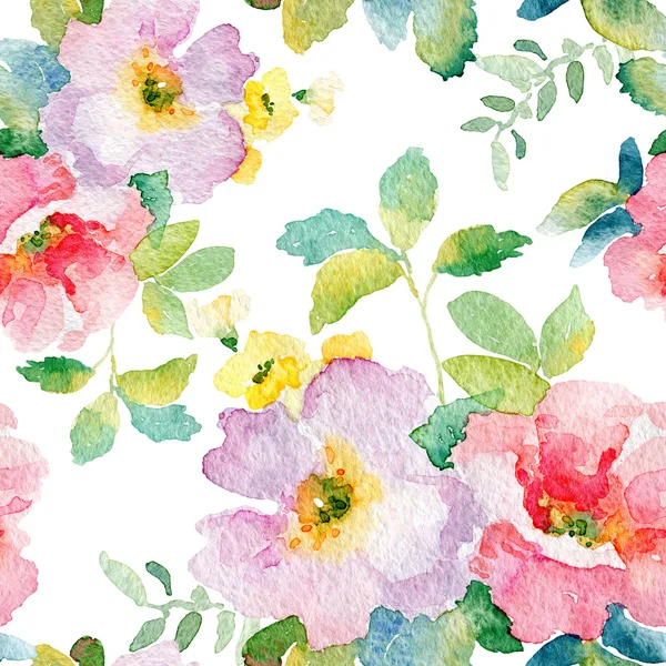 Akvarell seamless mönster med enkla färgglada blommor. — Stockfoto