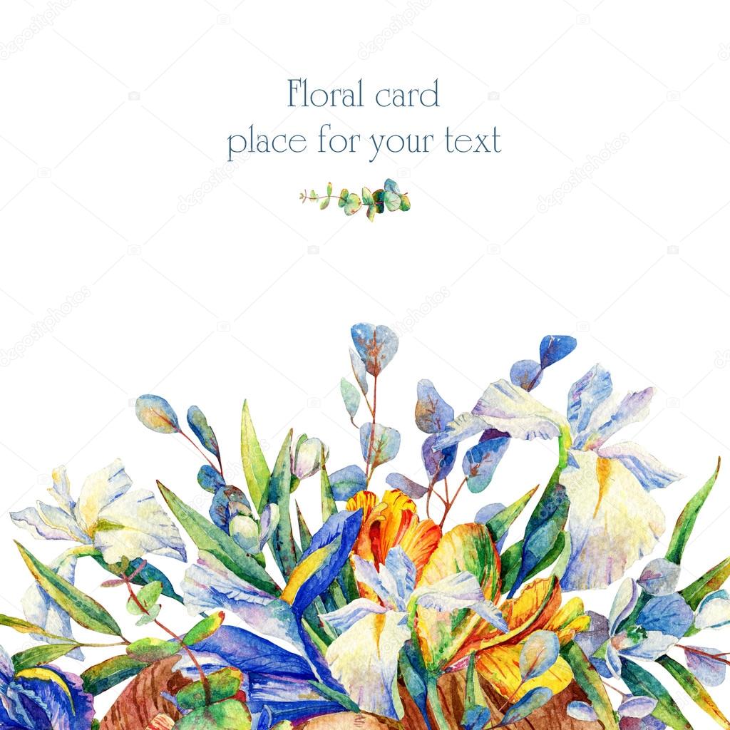Floral greeting card. Background with watercolor white, blue iri Stock  Photo by ©inna73 104345590