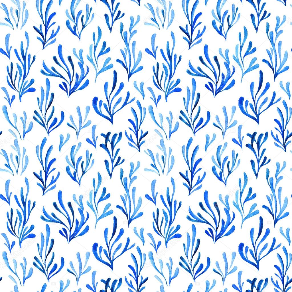 Watercolor seamless pattern with blue, azure leaves.