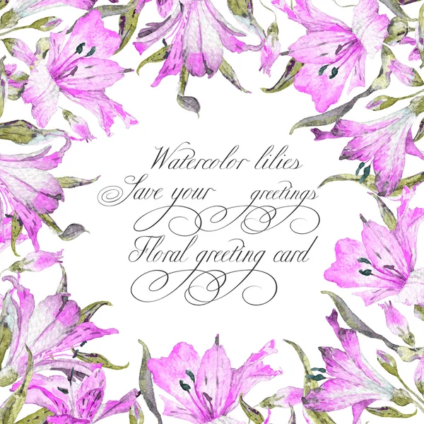 Frame with pink watercolor lilies. — Stock Photo, Image