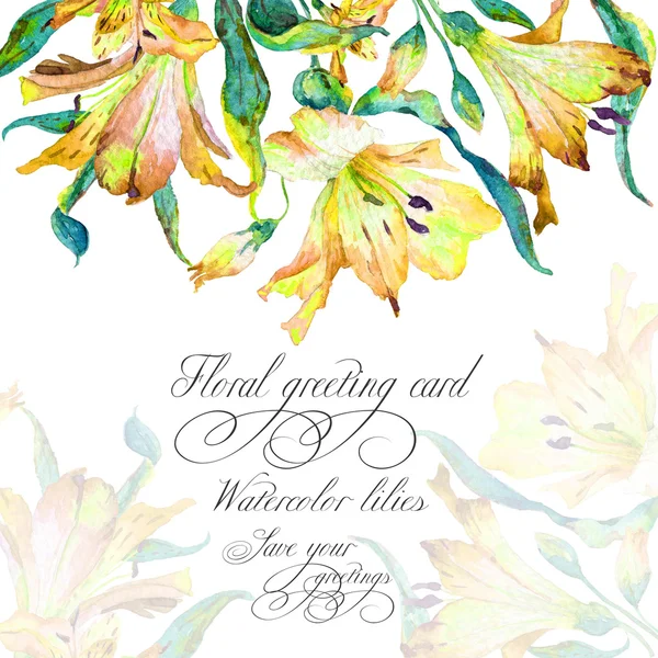 Greeting card  with yellow watercolor lilies. — Stock Photo, Image
