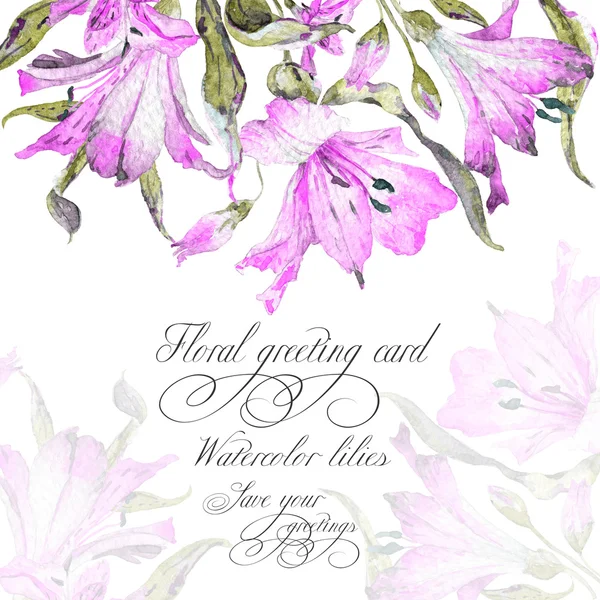 Greeting card  with pink watercolor lilies. — Stock Photo, Image