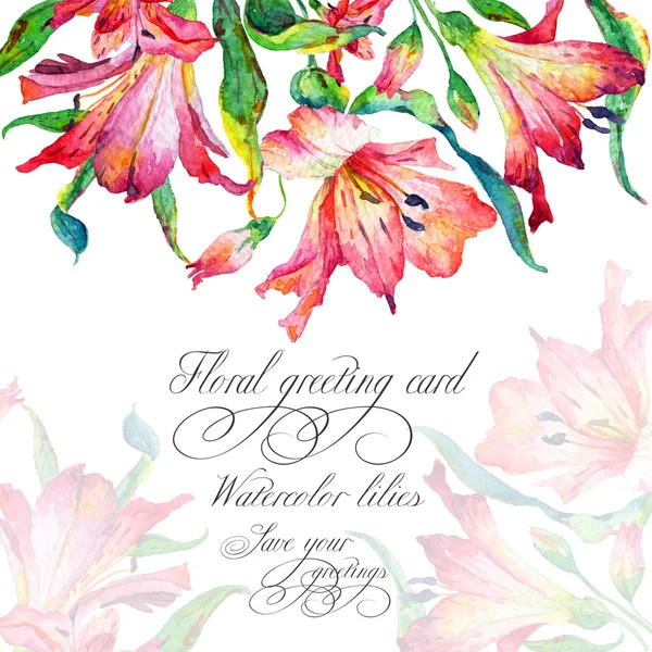 Greeting card  with pink watercolor lilies. — Stock Photo, Image