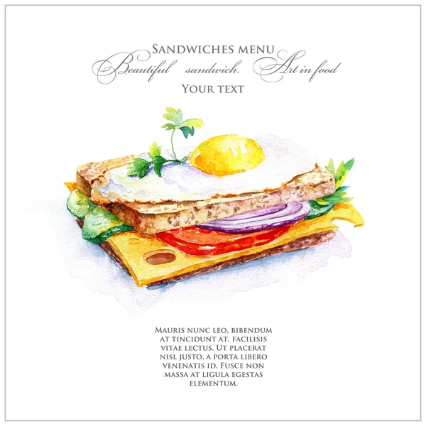Sanduíche suculento com torrada, cebola, queijo, pepino, tomate e ovos mexidos . — Fotografia de Stock