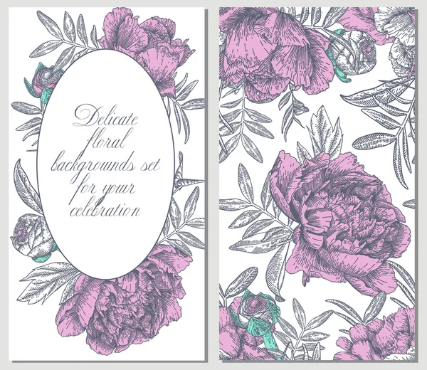 Vector card template and seamless pattern with peonies. — Stock Vector