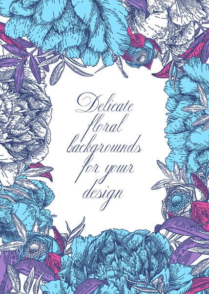 Tarjeta floral vintage con exuberantes peonías azules . — Vector de stock