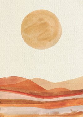 Turuncu güneş çemberi, bej gökyüzü, terracotta çöl manzarası. Soyut modern poster. Suluboya basit çizim.