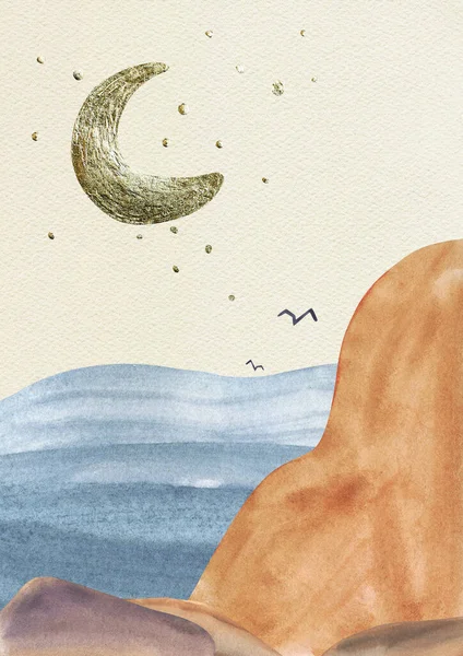 黄金の三日月 ベージュの空 茶色の山の風景 青い海の波 近代的なポスター 水彩シンプルなドローイング — ストック写真
