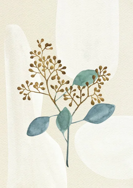 Grüne Zweigblätter Goldene Beeren Beige Papiermaserung Hintergrund Weiße Farbflecken Flecken — Stockfoto