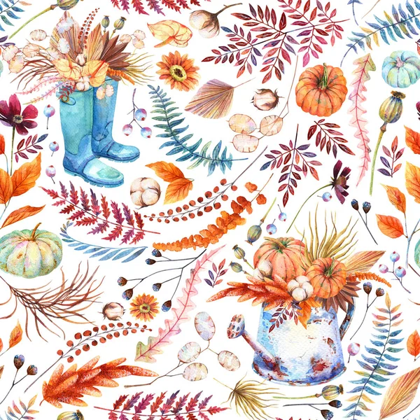 Fall Floral Seamless Pattern. Watercolor orange, blue pumpkins. Rustic dried leaf, wild field flowers, blue gumboots Lunaria, rusty watering can, brown fern