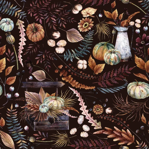 Autumn Floral Seamless Pattern with rusty pitcher, wooden crate pallet. Watercolor dried leaf, pumpkins, wild grass and flowers, poppy heads, Lunaria, cotton, brown fern