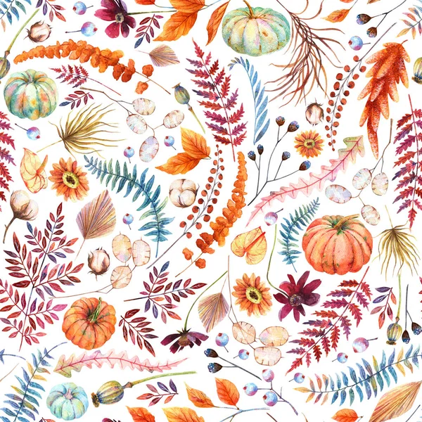 Autunno Floreale Senza Cuciture Pattern Acquerello Arancio Zucche Blu Foglia — Foto Stock