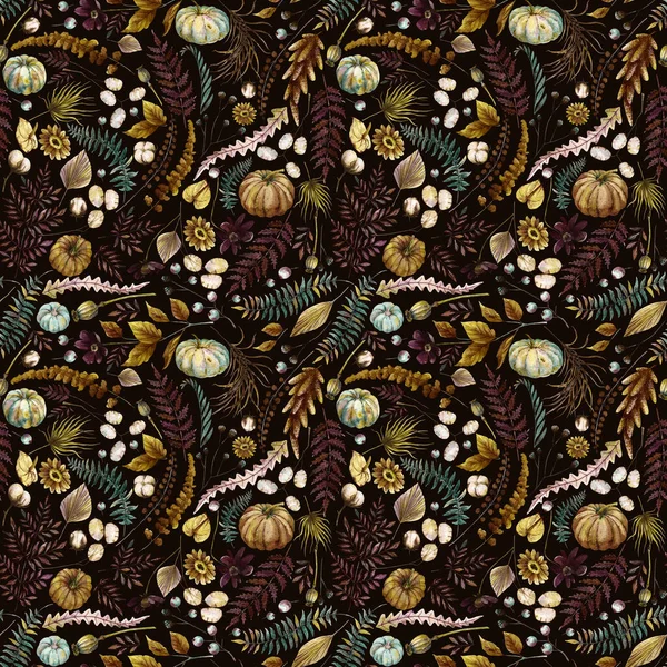 Herbst Floral Seamless Pattern Aquarell Kürbisse Rustikales Getrocknetes Palmblatt Wildes — Stockfoto