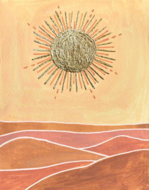 Altın güneş, turuncu gökyüzü, terracotta çöl manzarası. Soyut modern poster. Gouache basit çizim.