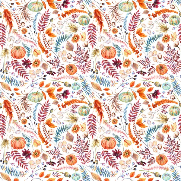 Autumn Floral Seamless Pattern. Watercolor orange, blue pumpkins. Rustic dried palm leaf, wild grass and field flowers, poppy heads, Lunaria, cotton, brown fern