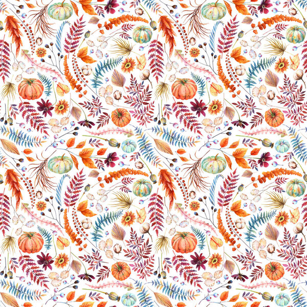 Осенний цветочный бесшовный узор. Акварель оранжевая, голубая тыква. Сельский сухой пальмовый лист, полевые и полевые цветы, маковые головы, лунария, хлопок, коричневые папоротники