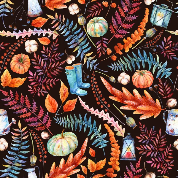 Autumn Floral Seamless Pattern Watercolor Orange Pumpkins Rusty Pitcher Watering — Stock Photo, Image