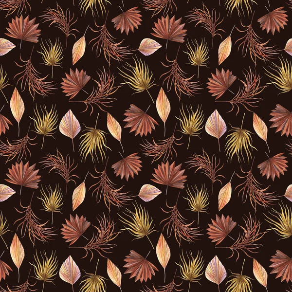 乾燥したヤシの葉と熱帯シームレスパターン テラコッタエクレアヤシ 茶色の太陽のヤシ オッチャパルメットのファンの葉 カラー フェーン 水彩イラスト — ストック写真