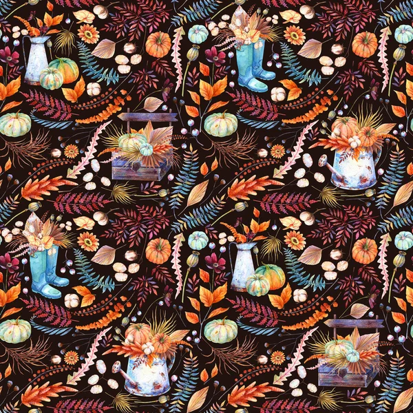 秋の花投手とシームレスなパターン 散水缶 ブルーのガンブーツ 木製のクレートパレット 水彩乾燥葉 カボチャ 野生の草や花 ケシの頭 ルナリア 茶色のシダ — ストック写真
