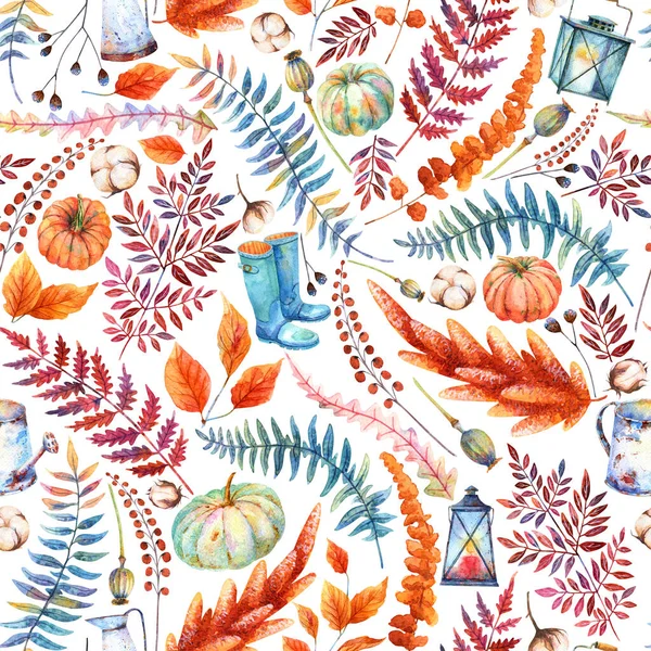Autumn Seamless Pattern Watercolor Pumpkins Wildflower Gardening Tools — Stock Photo, Image