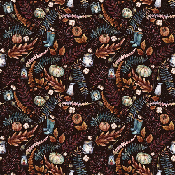 Осенний бесшовный рисунок. Акварельные тыквы, полевые цветы, садовые инструменты