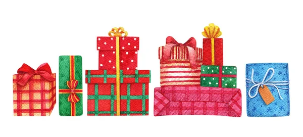 Aquarell Geschenkboxen Weihnachtsgeschenke Geburtstagsgeschenke Rote Grüne Blaue Gestreifte Schachteln — Stockfoto