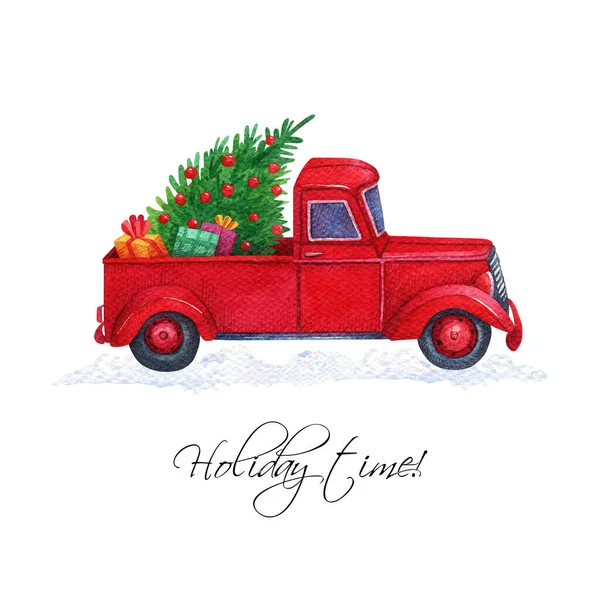 Cartoon Roter Lkw Mit Baum Geschenke Weihnachtsillustration Aquarell — Stockfoto
