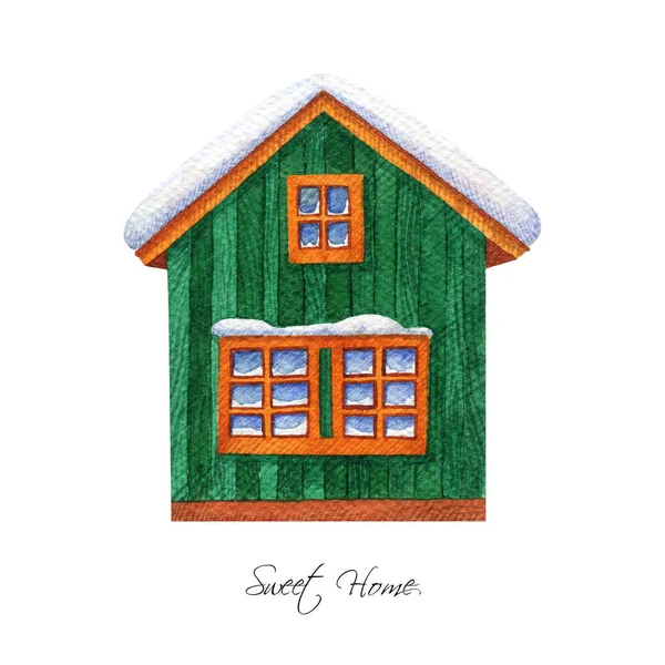 水彩斑斓的绿色木制房屋 屋顶雪白 卡通家庭插图 — 图库照片