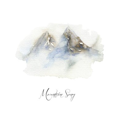 Bulutlardaki dağ zirveleri. Suluboya manzarası