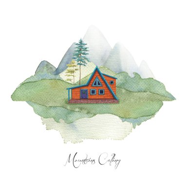 Yeşil tepelerdeki yalnız ev. Suluboya sisli dağ manzarası