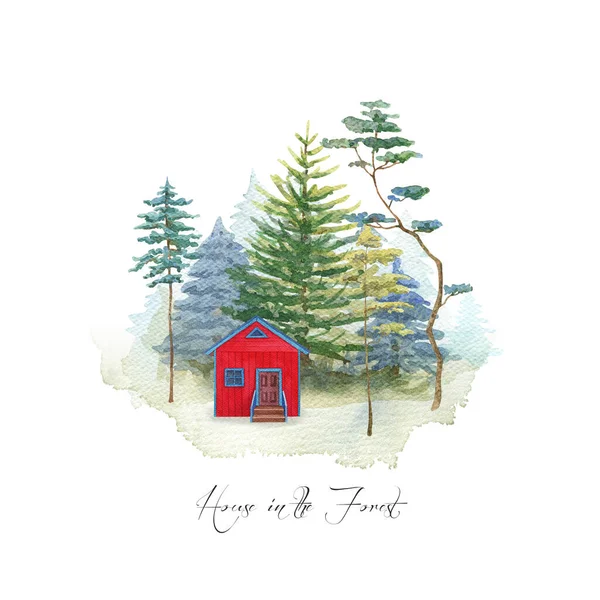 Red lonely forest house in pine, spruce wood. Watercolor landscape