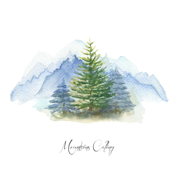 松林と青い山の峰 水彩霧風景 — ストック写真