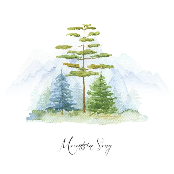 トウヒの木と青の山 水彩霧風景 — ストック写真