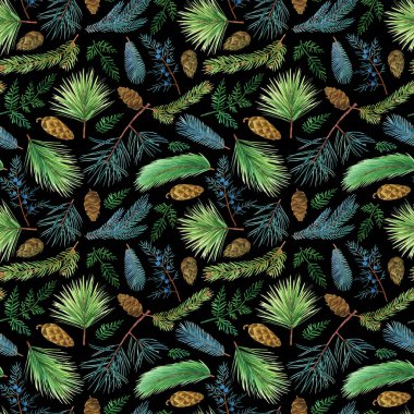 Spruce dalları pürüzsüz desen. Suluboya köknar dalı, kozalak, ardıç