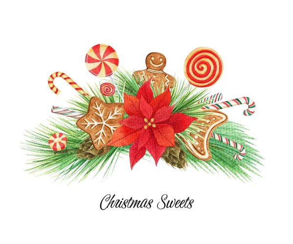 Watercolor Christmas Decor Gingerbread Man Spruce Poinsettia Lollipop — Stock Photo, Image