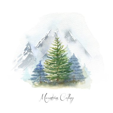 Çam ormanı ve dağ zirveleri. Suluboya sis manzarası