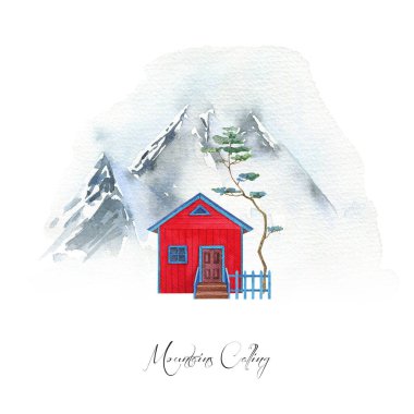 Çamlı kırmızı ev. Bulutlardaki dağ zirveleri. Suluboya manzarası