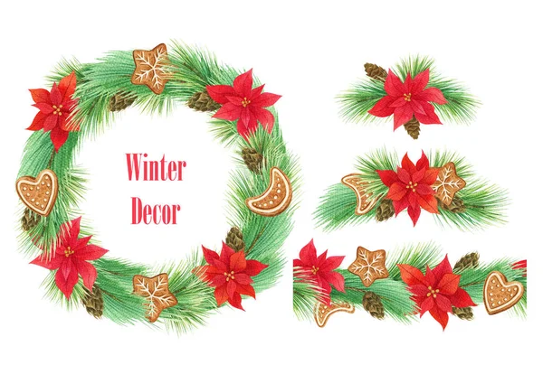 Winter Wreath Seamless Christmas Decoration Holiday Border Red Poinsettia — Stock Photo, Image