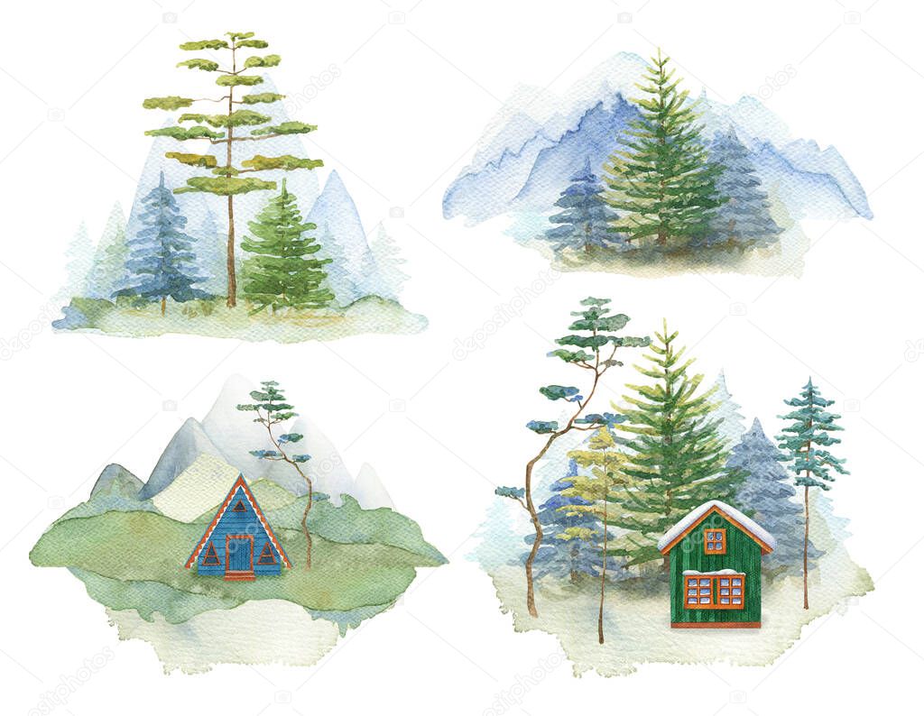 Mountain landscape set. Watercolor forest house. Nature travel