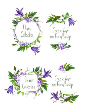 Çiçek çerçeveleri hazır. Clematis çiçeği. Düğün davetiyesi, buketler