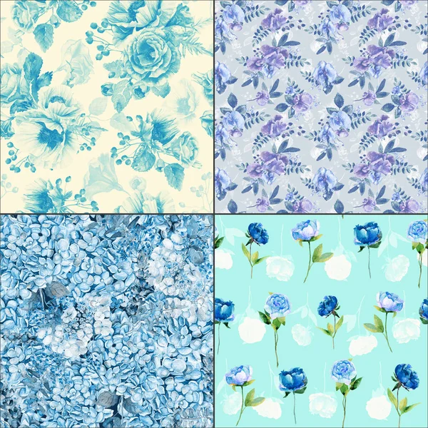 Nahtloser Floraler Hintergrund Blaue Blumen Muster Set — Stockfoto