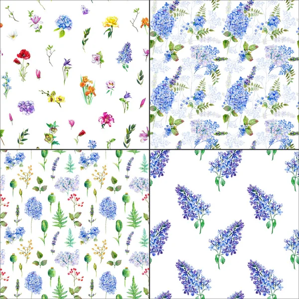 Seamless Floral Background Blue Lilac Hydrangea Pattern Set — Stock Photo, Image