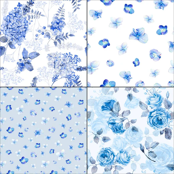 Naadloze Bloemen Achtergrond Monochroom Blauwe Bloemen Patroon Eustoma Hortensia — Stockfoto