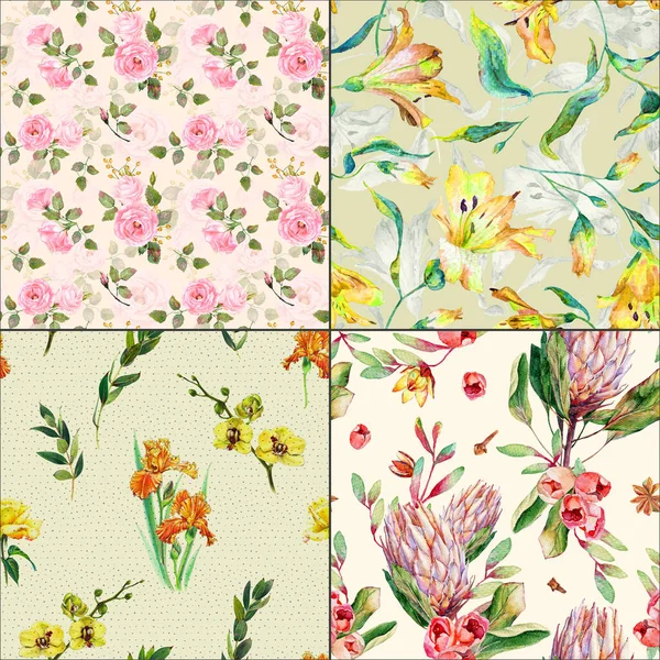 Seamless Floral Background Pink Protea Rose Yellow Lily Iris Pattern — Stock Photo, Image