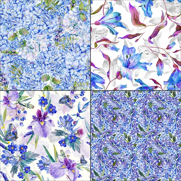 Seamless Floral Background Blue Purple Iris Hydrangea Lily — Zdjęcie stockowe