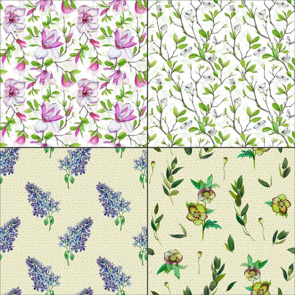 Seamless Floral Background Magnolia Lilac Flowers Pattern Green Hellebore — Stock Photo, Image