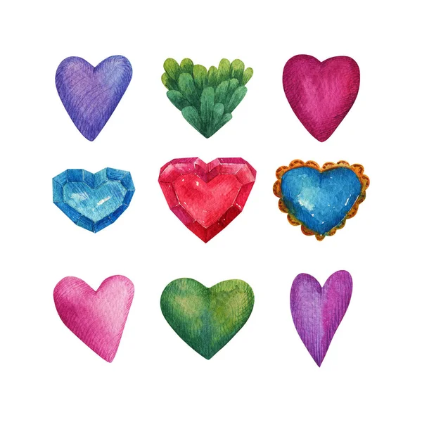 Watercolor Hearts Blue Red Purple Green Hearts — Stock Photo, Image