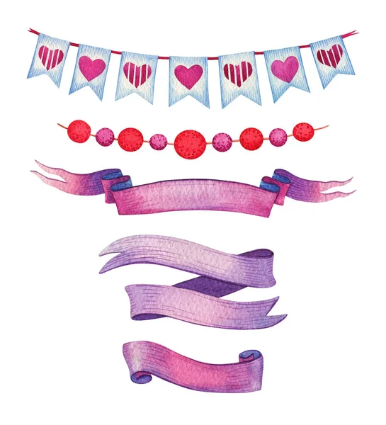 Watercolor Ribbons Purple Banner Hearts Garland — Stockfoto