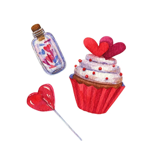 Kärlek Cupcake Hjärtan Flaska Akvarell Lollipop Hjärta — Stockfoto